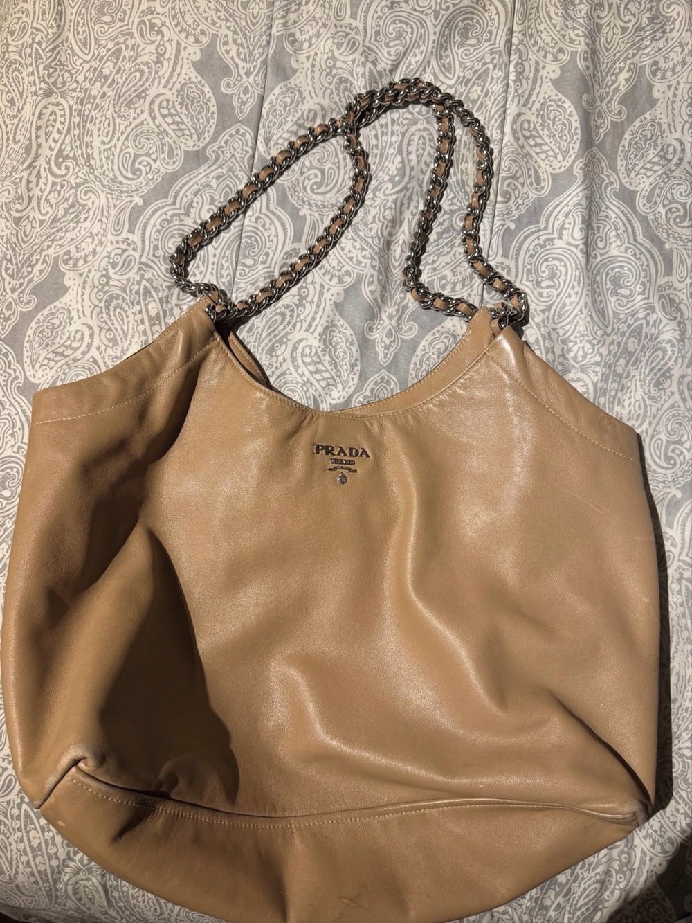 Prada Beige Leather Chain-Handle Shoulder Bag